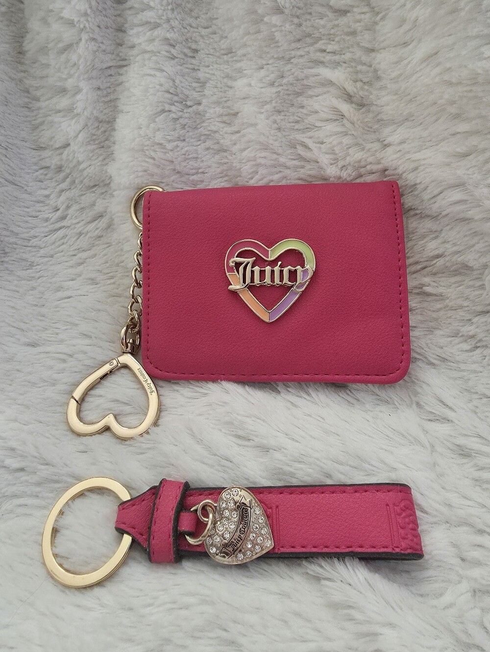 Juicy Couture Hot Pink Heart Logo Card Holder with Matching Key Fob
